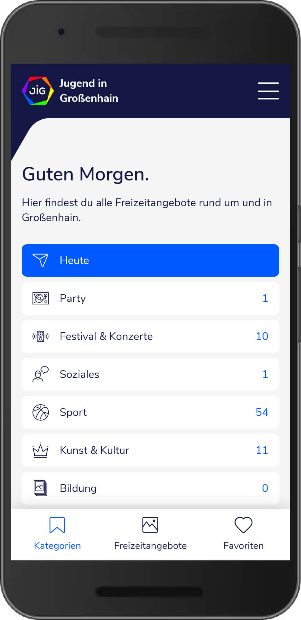 App-Ansicht: Freizeitangebote